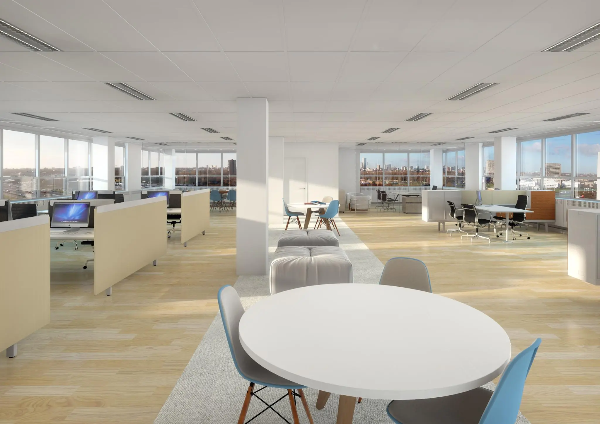 Modern kantoorpand aan het Rivium Quadrant met open werkplekken, ronde vergadertafels en ruim uitzicht.